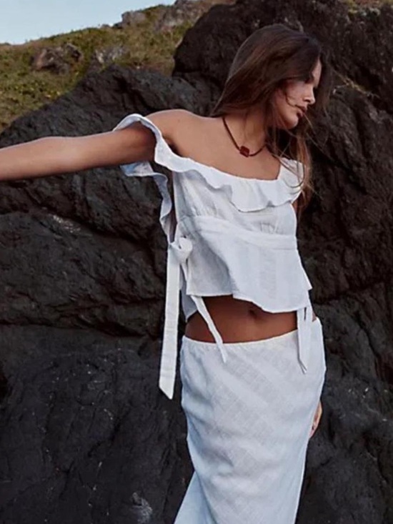 Free People Tops - Free People White Ruffle Off-Shoulder Crop Top